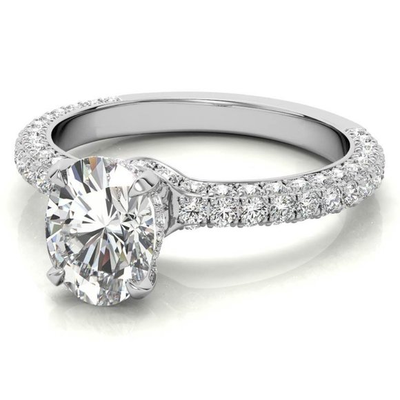 2.25Carat -9x7mm 4-Prong Oval Pave Moissanite Engagement Ring In 14K Gold - Picture 3 of 15